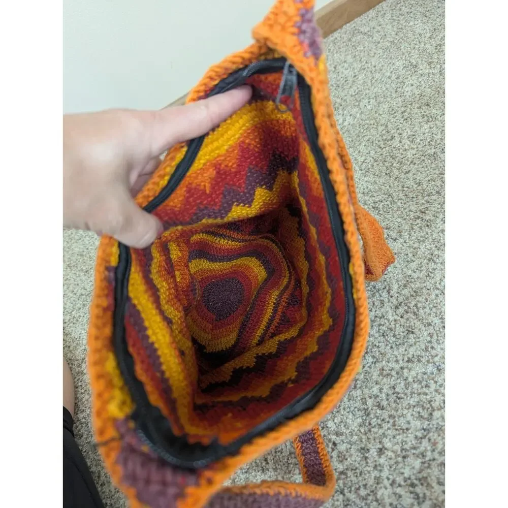 Vintage Red Yellow Orange Crochet Chevron Hobo Bucket Shoulder Bag Cross Body